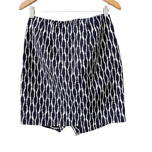 LOFT Ikat Faux Wrap Navy White Asymmetric Pencil Mini Skirt Women’s Size Small - Picture 3 of 7